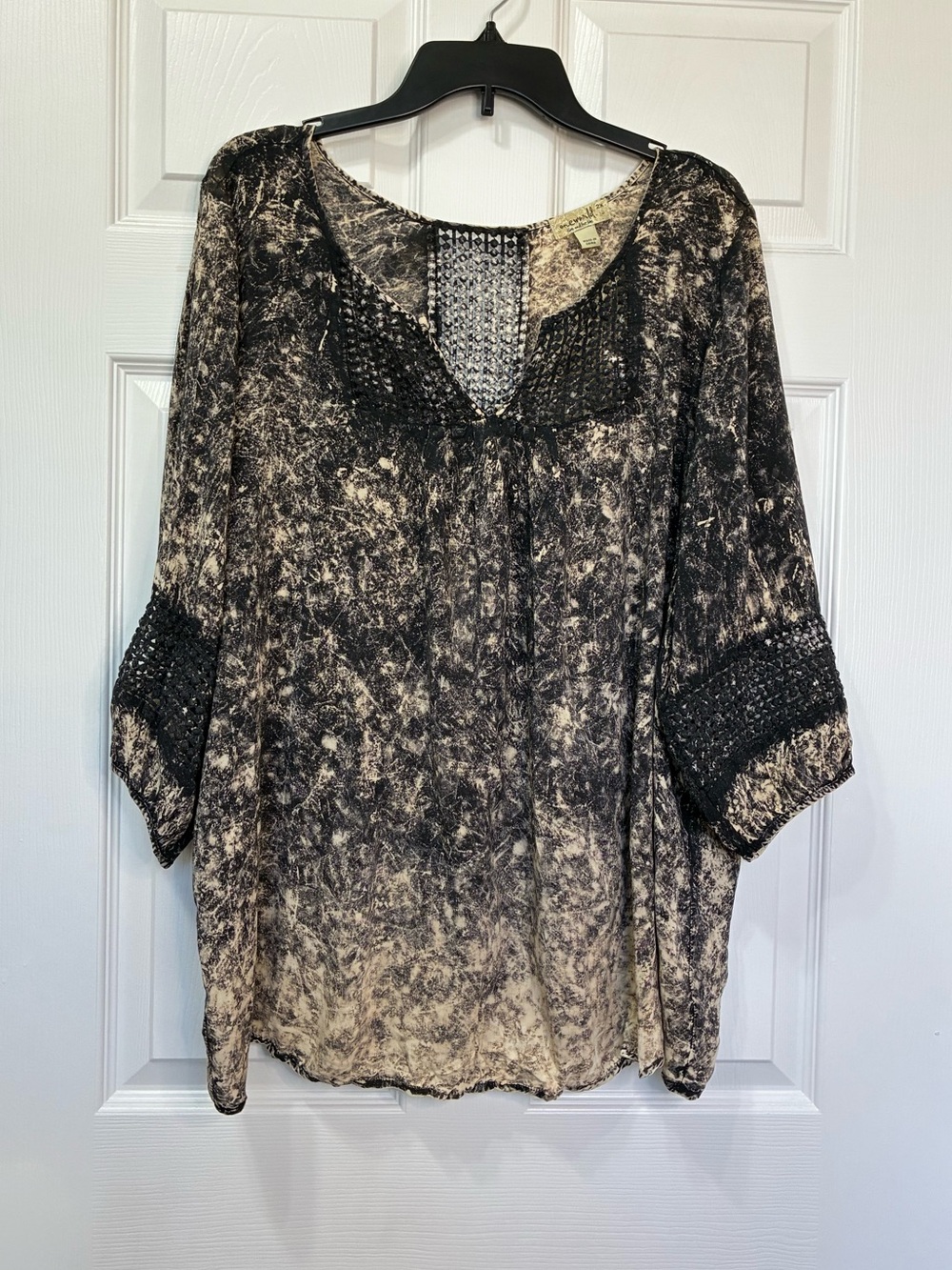 One World Peasant Top Womens 2X Cream Brown Abstract Open Knit Boho Y2K Comfy